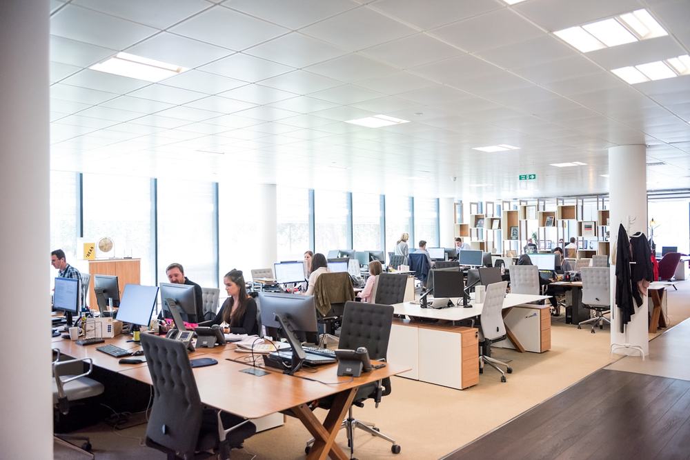 Team working at desks in a bright open plan office